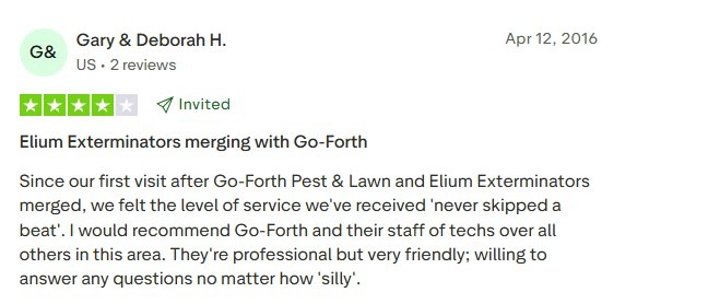 Four-star Trustpilot review from a customer praising Go-Forth Pest & Lawn after its merger with Elium Exterminators.