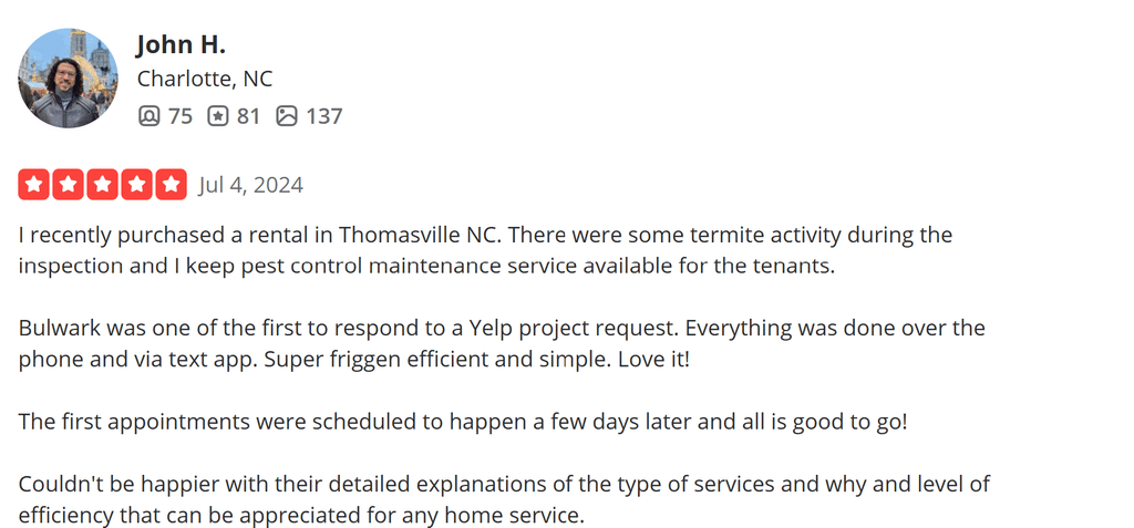 Five-star review from John H. praising Bulwark Exterminating's termite service.