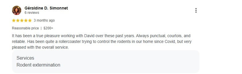 Five-star Google review describing years of reliable rodent extermination service from a technician.