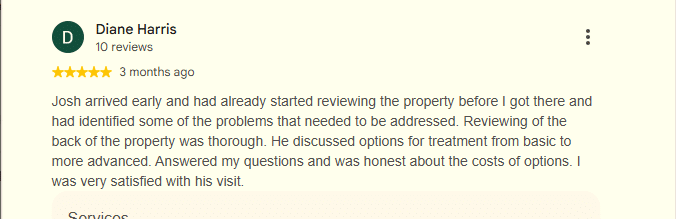 A five-star Google review from Diane Harris praises a Connor's Pest Pros technician for a thorough property inspection and honest treatment recommendations. 