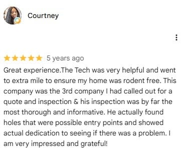 A 5-star review, posted, praising a helpful technician's rodent inspection.