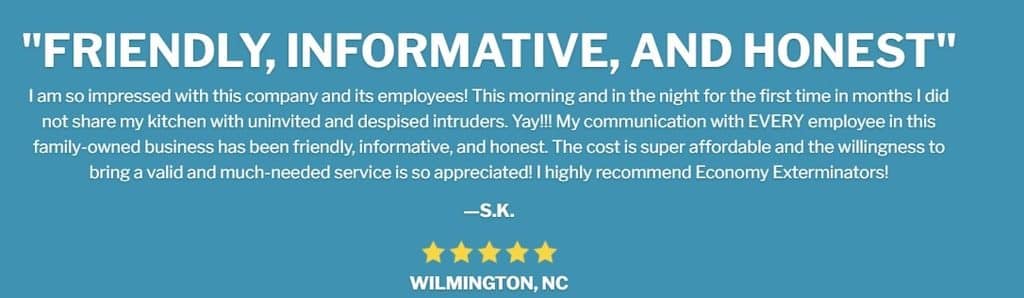 A 5-star review from S.K. in Wilmington, NC, praising Economy Exterminators.