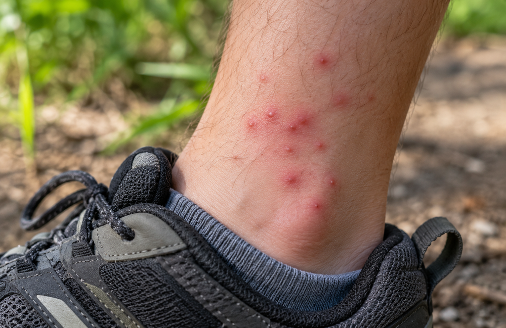 Close-up view of chigger bites on a person’s ankle, showing the clustered formation.
