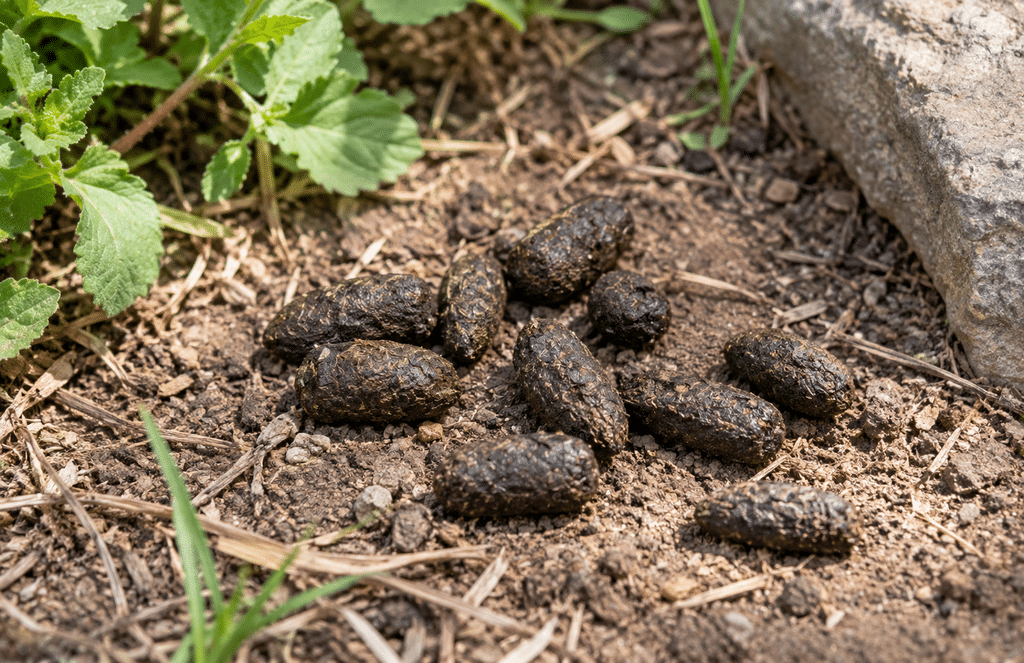 Close-up view of groundhog poop, showing its dark brown color and short, blunt cylindrical shape. 