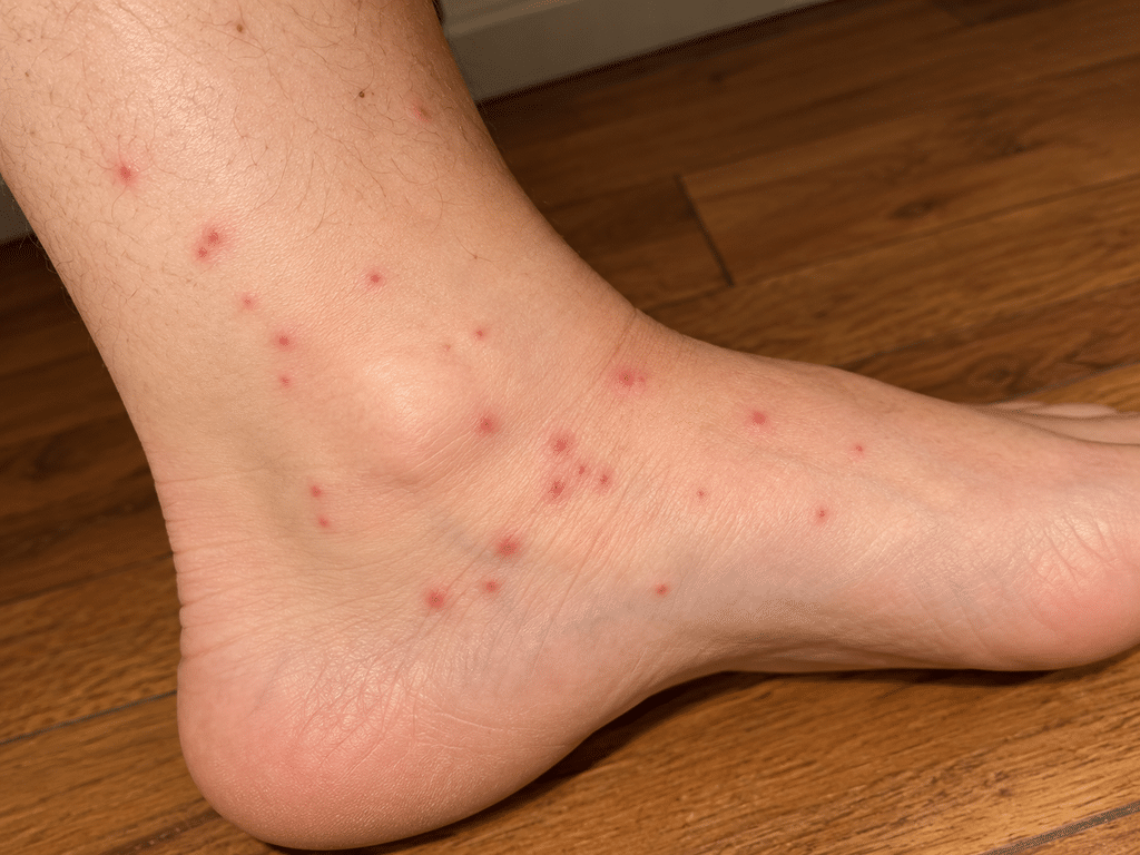 Ankle and top of foot covered in scattered clusters of tiny red flea bite dots.