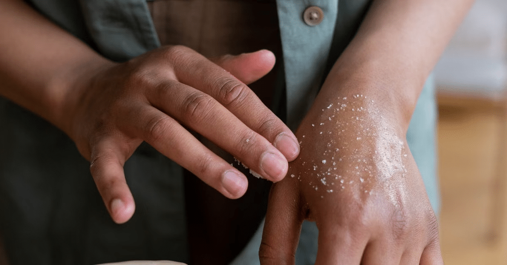 Person rubbing a grainy paste onto the back of their hand to soothe itchy skin