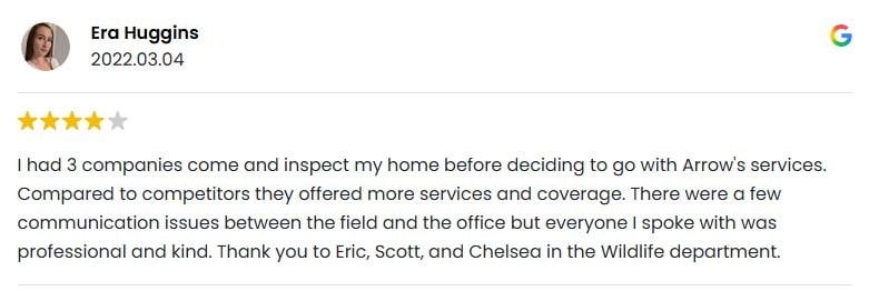 A 4-star Google review commending Arrow Exterminators' services despite minor communication issues.